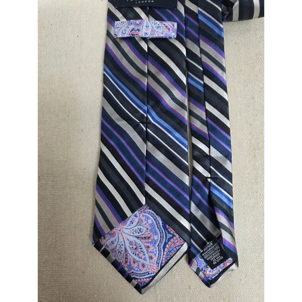 Ted Baker London Silk Tie Blue‎ Purple Grey Black Striped Paisley RN 121148
